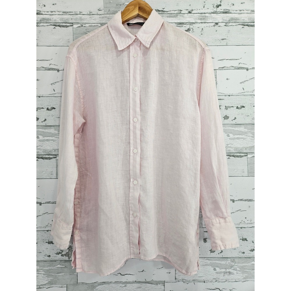 Zara Women Pink 100% Linen Button Down Shirt Long Sleeve Side Button Detail S